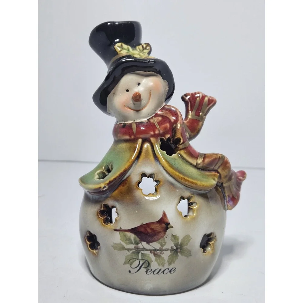 Kirkland Signature Ceramic Snowman Tealight Candle Holder Peace Cardinal 5.5